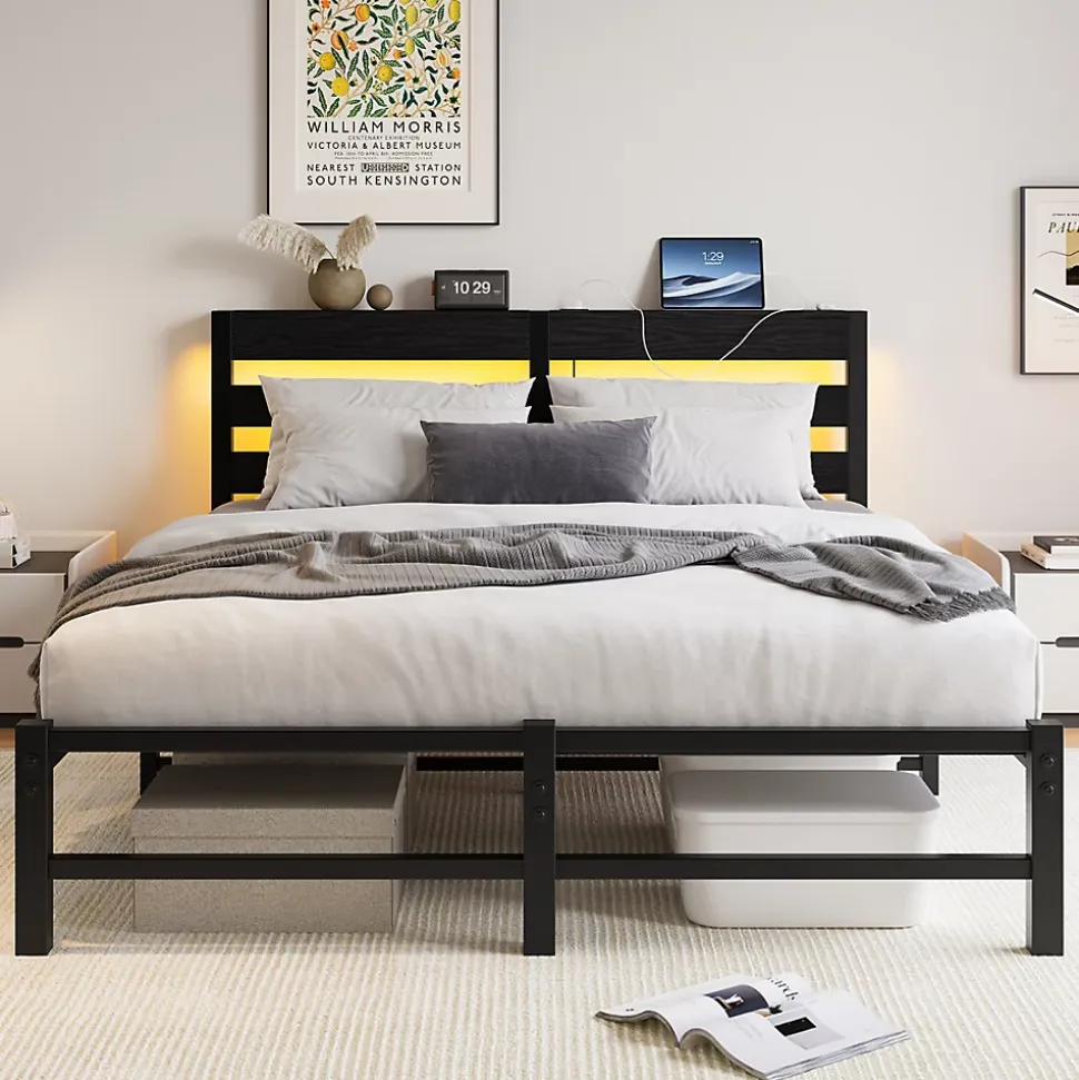 Lit Double 140x200 cm, Lit Métal Ado avec Éclairage LED et Prises USB, Rangement dessous, Sans Matelas, Métal et Bois, Noir