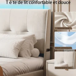 Lit double 140x200 cm moderne avec tête rembourrée, LED intégrées et rangement sous sommier, design minimaliste beige