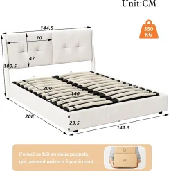 Lit double 140x200 cm moderne avec tête rembourrée, LED intégrées et rangement sous sommier, design minimaliste beige