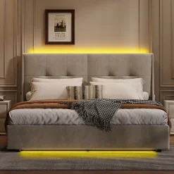 Lit double 140x200 cm moderne avec tête rembourrée, LED intégrées et rangement sous sommier, design minimaliste beige