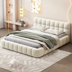 Lit double 160x200 cm pour jeune avec dossier et bordure rembourrés, sommier à lattes, lin, matelas non inclus, Beige