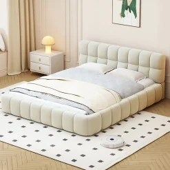 Lit double 160x200 cm pour jeune avec dossier et bordure rembourrés, sommier à lattes, lin, matelas non inclus, Beige