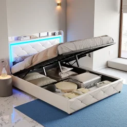 Lit double 160x200 cm PU blanc capitonné cristal avec coffre hydraulique, ports de charge et lumière LED