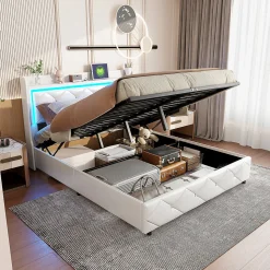 Lit double 160x200 cm PU blanc capitonné cristal avec coffre hydraulique, ports de charge et lumière LED