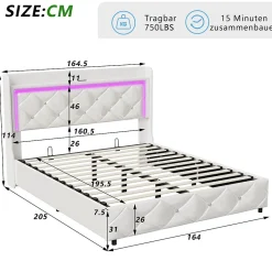 Lit double 160x200 cm PU blanc capitonné cristal avec coffre hydraulique, ports de charge et lumière LED