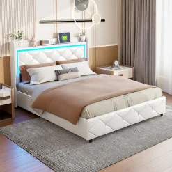 Lit double 160x200 cm PU blanc capitonné cristal avec coffre hydraulique, ports de charge et lumière LED