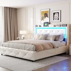 Lit double 160x200 cm PU blanc capitonné cristal avec coffre hydraulique, ports de charge et lumière LED