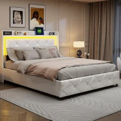 Lit double 160x200 cm PU blanc capitonné cristal avec coffre hydraulique, ports de charge et lumière LED