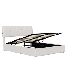 Lit double 160x200 cm, rangement à vérin hydraulique, tête de lit USB, cadre robuste, bouclette, Crème