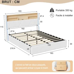 Lit double 160x200 cm, rangement à vérin hydraulique, tête de lit USB, LED, effet pierre, PU, Blanc