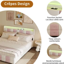 Lit double 140x190 cm, rangement, tête LED multicolore, USB, 4 tiroirs, Velours, Blanc Rose