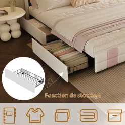 Lit double 140x190 cm, rangement, tête LED multicolore, USB, 4 tiroirs, Velours, Blanc Rose