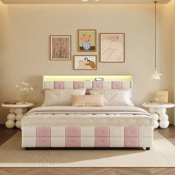 Lit double 140x190 cm, rangement, tête LED multicolore, USB, 4 tiroirs, Velours, Blanc Rose