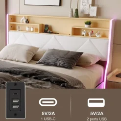 Lit double 140x200 cm, rangement à vérin hydraulique, tête de lit USB, LED, effet pierre, PU, Blanc