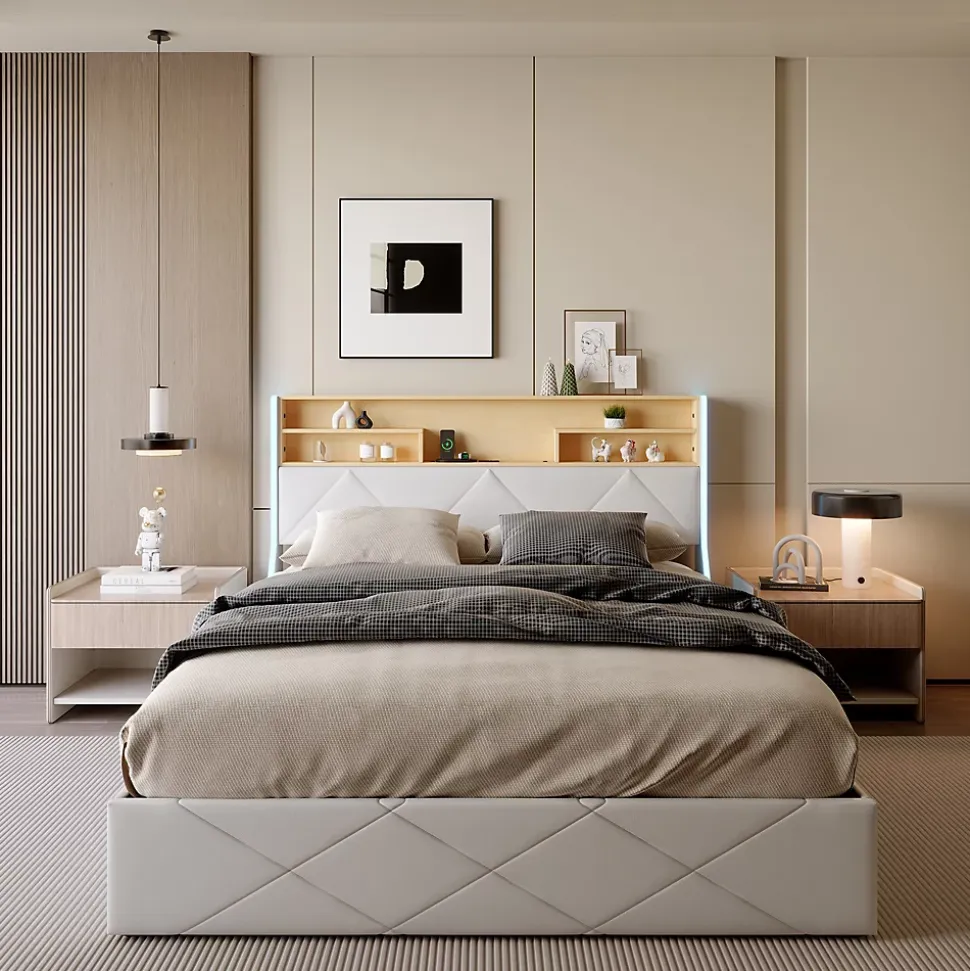 Lit double 140x200 cm, rangement à vérin hydraulique, tête de lit USB, LED, effet pierre, PU, Blanc