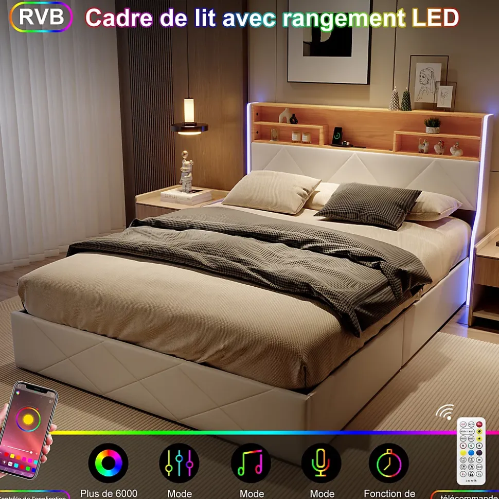 Lit double 140x200 cm, rangement à vérin hydraulique, tête de lit USB, LED, effet pierre, PU, Blanc