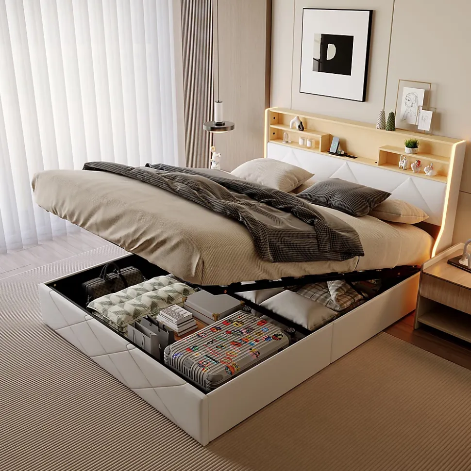 Lit double 140x200 cm, rangement à vérin hydraulique, tête de lit USB, LED, effet pierre, PU, Blanc