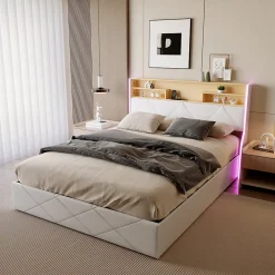 Lit double 140x200 cm, rangement à vérin hydraulique, tête de lit USB, LED, effet pierre, PU, Blanc