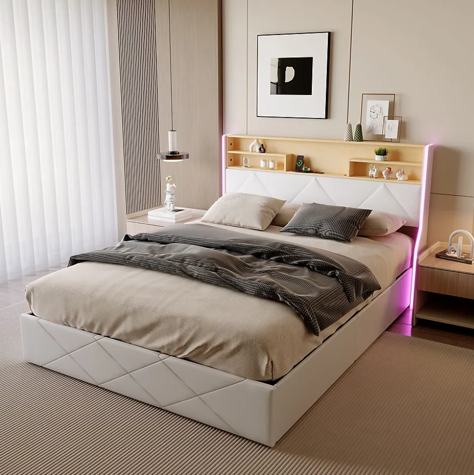 Lit double 140x200 cm, rangement à vérin hydraulique, tête de lit USB, LED, effet pierre, PU, Blanc