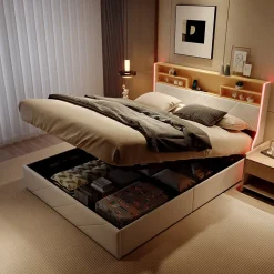 Lit double 140x200 cm, rangement à vérin hydraulique, tête de lit USB, LED, effet pierre, PU, Blanc