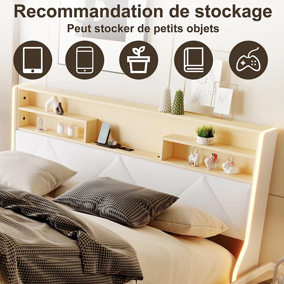 Lit double 140x200 cm, rangement à vérin hydraulique, tête de lit USB, LED, effet pierre, PU, Blanc