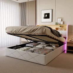 Lit double 140x200 cm, rangement à vérin hydraulique, tête de lit USB, LED, effet pierre, PU, Blanc