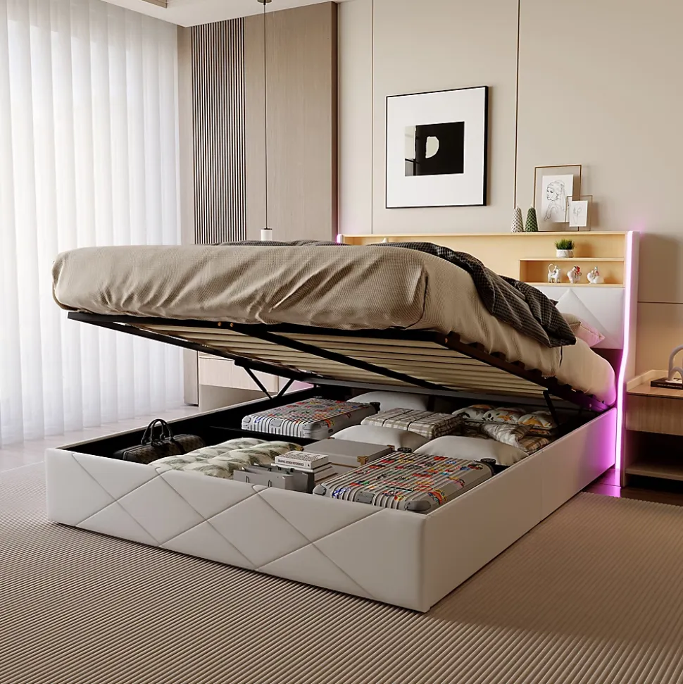 Lit double 140x200 cm, rangement à vérin hydraulique, tête de lit USB, LED, effet pierre, PU, Blanc