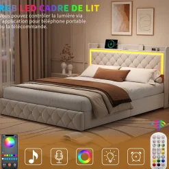 Lit double 140x190 cm, rangement, tête de lit étagères, LED, USB Type-C, Velours, Beige