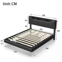 Lit double 140x200 cm rembourré gris en PU avec LED, ports USB, tête de lit et coffre de rangement
