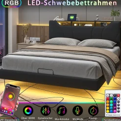 Lit double 140x200 cm rembourré gris en PU avec LED, ports USB, tête de lit et coffre de rangement