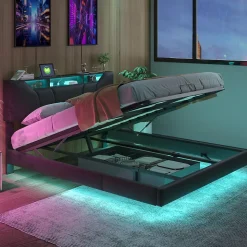 Lit double 140x200 cm rembourré gris en PU avec LED, ports USB, tête de lit et coffre de rangement