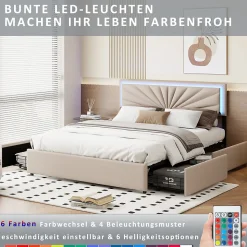 Lit double 160x200 cm rembourré avec 4 tiroirs, tête de lit avec rangement, LED, sommier à lattes, beige