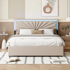 Lit double 160x200 cm rembourré avec 4 tiroirs, tête de lit avec rangement, LED, sommier à lattes, beige