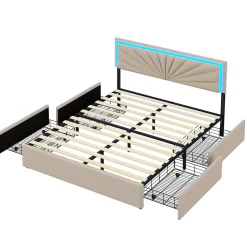 Lit double 160x200 cm rembourré avec 4 tiroirs, tête de lit avec rangement, LED, sommier à lattes, beige