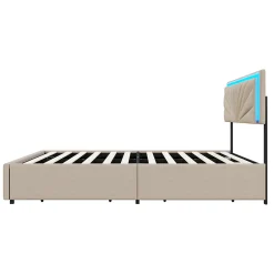 Lit double 160x200 cm rembourré avec 4 tiroirs, tête de lit avec rangement, LED, sommier à lattes, beige