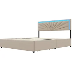 Lit double 160x200 cm rembourré avec 4 tiroirs, tête de lit avec rangement, LED, sommier à lattes, beige