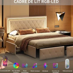 Lit double 140x200 cm rembourré avec LED, tête réglable, 4 tiroirs, coffre de rangement et sommier, Blanc cassé