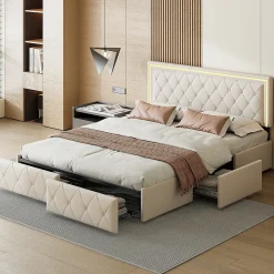 Lit double 140x200 cm rembourré avec LED, tête réglable, 4 tiroirs, coffre de rangement et sommier, Blanc cassé