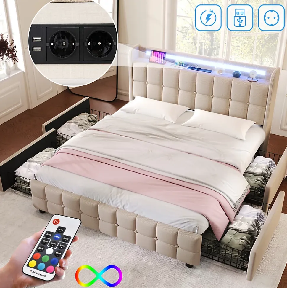Lit double 160x200 cm rembourré, tête LED, 4 tiroirs, USB, lin beige, sans matelas