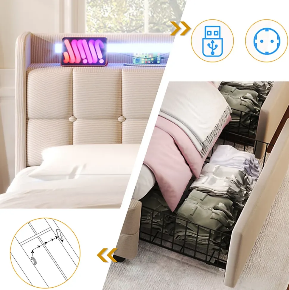Lit double 160x200 cm rembourré, tête LED, 4 tiroirs, USB, lin beige, sans matelas