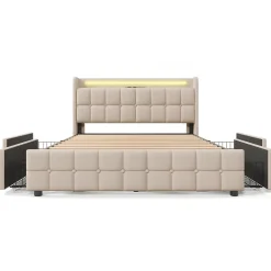 Lit double 160x200 cm rembourré, tête LED, 4 tiroirs, USB, lin beige, sans matelas