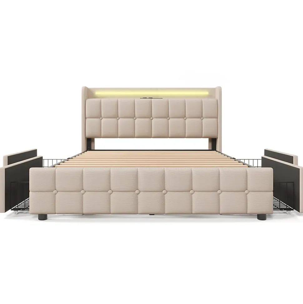 Lit double 160x200 cm rembourré, tête LED, 4 tiroirs, USB, lin beige, sans matelas