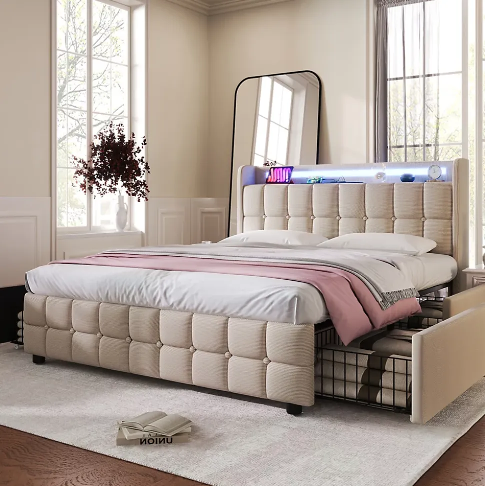 Lit double 160x200 cm rembourré, tête LED, 4 tiroirs, USB, lin beige, sans matelas