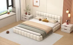 Lit double 160x200 cm rembourré lin avec dossier moelleux, bordure rembourrée et sommier à lattes, sans matelas, Beige