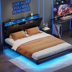 Lit double 140x200 cm rembourré gris en PU avec LED, ports USB, tête de lit et coffre de rangement