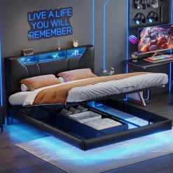 Lit double 140x200 cm rembourré gris en PU avec LED, ports USB, tête de lit et coffre de rangement