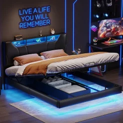 Lit double 140x200 cm rembourré gris en PU avec LED, ports USB, tête de lit et coffre de rangement