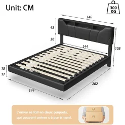 Lit double 140x200 cm rembourré gris en PU avec LED, ports USB, tête de lit et coffre de rangement