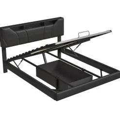 Lit double 140x200 cm rembourré gris en PU avec LED, ports USB, tête de lit et coffre de rangement