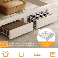 Lit double 140x200 cm, tiroirs, tête de lit LED, USB, cadre métal, Velours, Beige